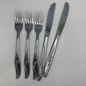 Utica ROSE Pattern Stainless Flatware USA 3 Forks 2 Knives Vtg silverware LOT